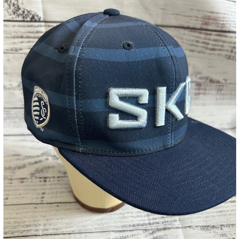 Adidas Sporting Kansas City SKC MLS Snapback Hat Navy Blue Striped Flat Brim Cap